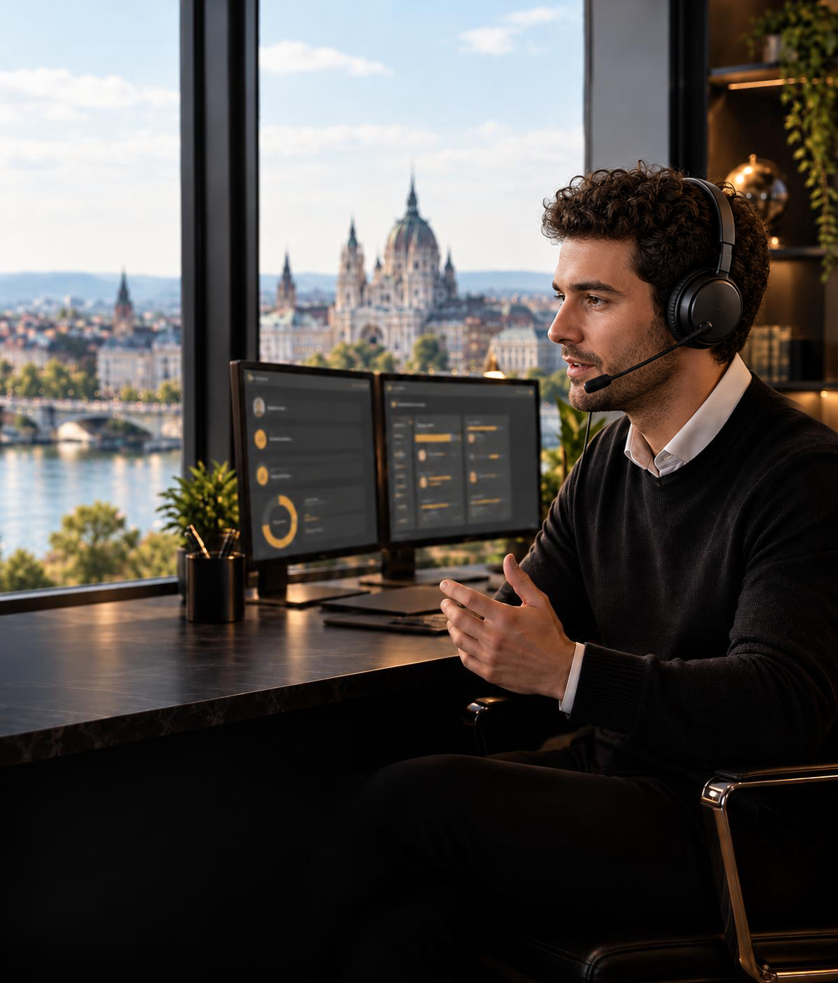 Verkäufer mit Headset führt ein Verkaufsgespräch an einem modernen Arbeitsplatz mit CRM-Oberfläche